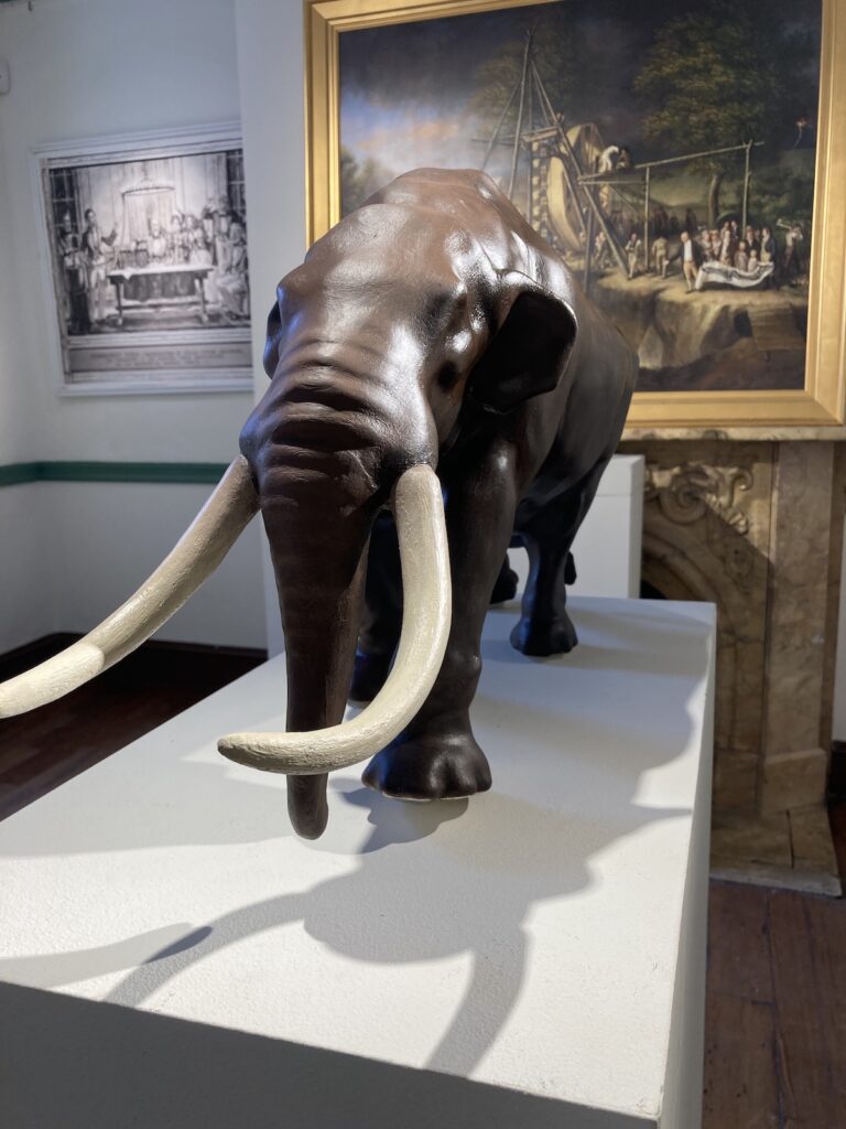 A 3D-printed model of a mastodon is mounted on a white pedestal. Framed pictures are visible on the wall in the background.